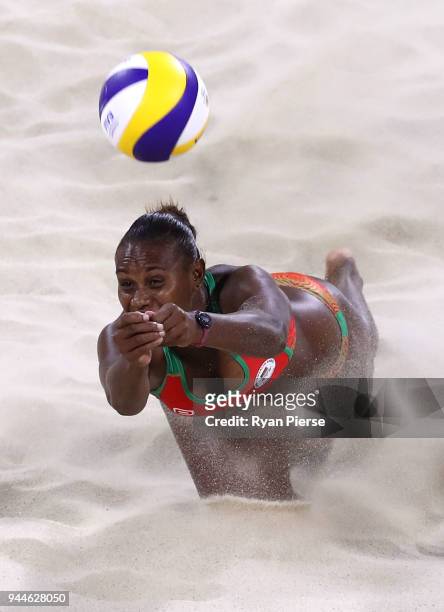Linline Matauatu of Vanuatu dives for the ball during the Beach Volleyball Women's Semi Final match between Australia and Vanuatu on day seven of the...