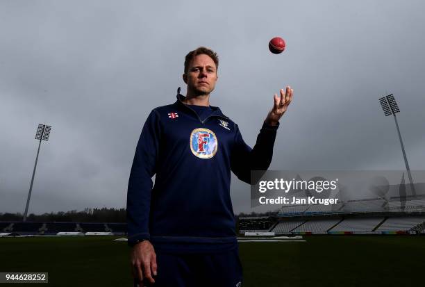 Nathan Rimmington of Durham poses during the Durham CCC Photocall at The Riverside on April 11, 2018 in Chester-le-Street, England.