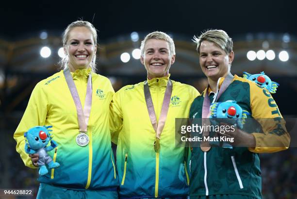 Silver medalist Kelsey-Lee Roberts of Australia, gold medalist Kathryn Mitchell of Australia and bronze medalist Sunette Viljoen of South Africa pose...