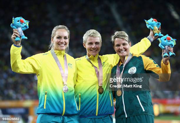 Silver medalist Kelsey-Lee Roberts of Australia, gold medalist Kathryn Mitchell of Australia and bronze medalist Sunette Viljoen of South Africa pose...