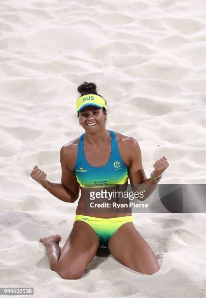 Mariafe Artacho del Solar of Australia celebrates a point during the Beach Volleyball Women's Semi Final match between Australia and Vanuatu on day...