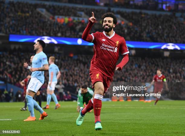Mohamed Salah of Liverpool celebrates scoring the first goal during the Quarter Final Second Leg match between Manchester City and Liverpool at...
