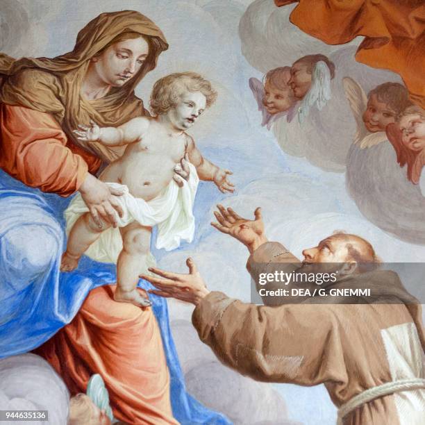 Mary passing Jesus to Saint Francis, fresco by Antonio Busca , 20th Chapel, Saint Francis canonized by Pope Gregory IX, Sacred Mountain of Orta ,...