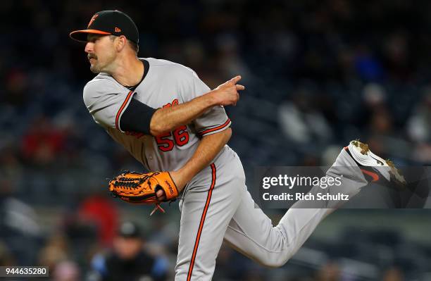 Darren O'Day of the Baltimore Orioles in action during a game against the New York Yankees at Yankee Stadium on April 5, 2018 in the Bronx borough of...