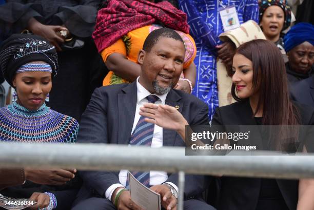 Nelson Mandela's grandson Mandla and his wife Nkosikazi Nosekeni Rabia Mandela and Nodiyala Mbali Makhathini during the official memorial service of...