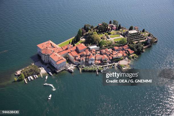 Aerial view of Isola Bella in Lake Maggiore, Borromean Islands, Stresa, Piedmont, Italy.