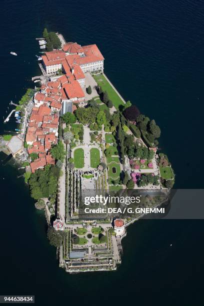 Aerial view of Isola Bella in Lake Maggiore, Borromean Islands, Stresa, Piedmont, Italy.