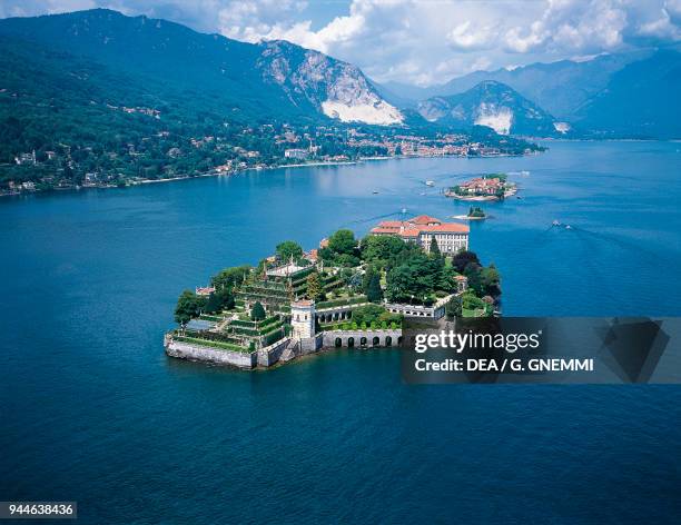 Aerial view of Isola Bella in Lake Maggiore, Borromean Islands, Stresa, Piedmont, Italy.