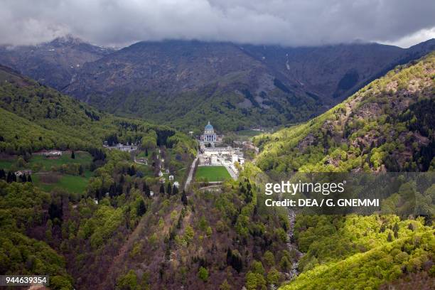 Aerial view of the sanctuary of Oropa, Biella, Piedmont, Italy.