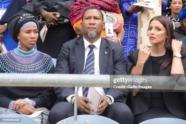 Nelson Mandela's grandson Mandla and his wife Nkosikazi Nosekeni Rabia Mandela and Nodiyala Mbali Makhathini during the official memorial service of...