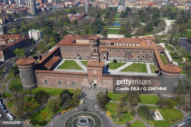 Aerial view of the Sforza Castle, Milan, Lombardy. Italy, 14th-15th century.