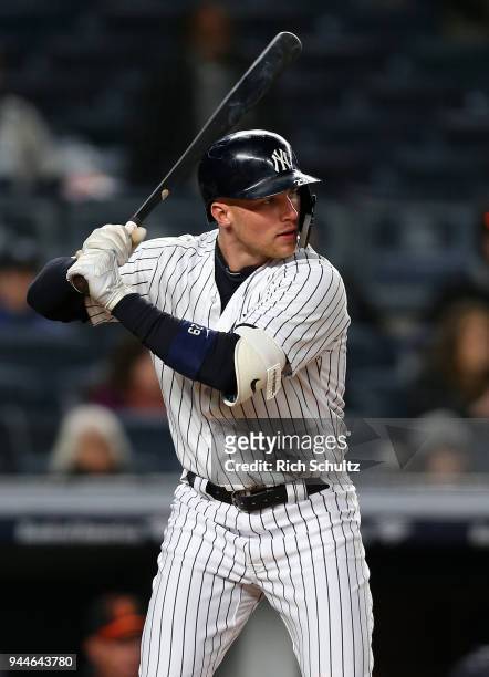 Brandon Drury of the New York Yankees in action against the Baltimore Orioles during a game at Yankee Stadium on April 5, 2018 in the Bronx borough...