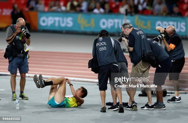 Brandon Starc of Australia celebrates winning gold in the Men's High Jump final during athletics on day seven of the Gold Coast 2018 Commonwealth...