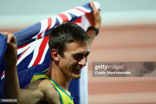 Brandon Starc of Australia celebrates winning gold in the Men's High Jump final during athletics on day seven of the Gold Coast 2018 Commonwealth...