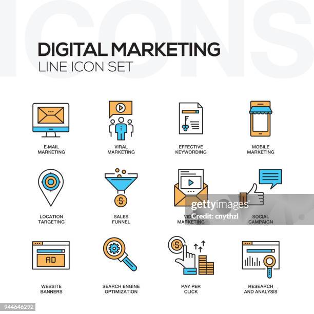 digital marketing flat line icons set - funnel infographic stock illustrations