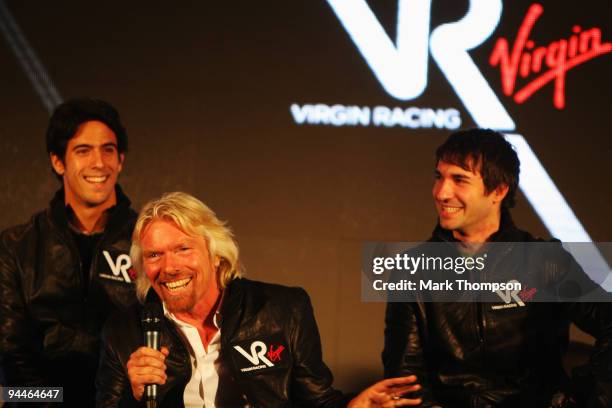 Lucas Di Grassi of Brazil and Virgin Racing, Sir Richard Branson and Timo Glock of Germany and Virgin Racing attend the media launch for the new...