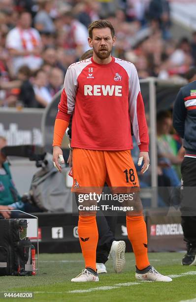 Goalkeeper Thomas Kessler of Koeln looks on during the Bundesliga match between 1. FC Koeln and 1. FSV Mainz 05 at RheinEnergieStadion on April 7,...