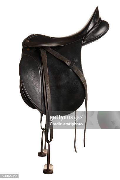 old black saddle - zadel stockfoto's en -beelden