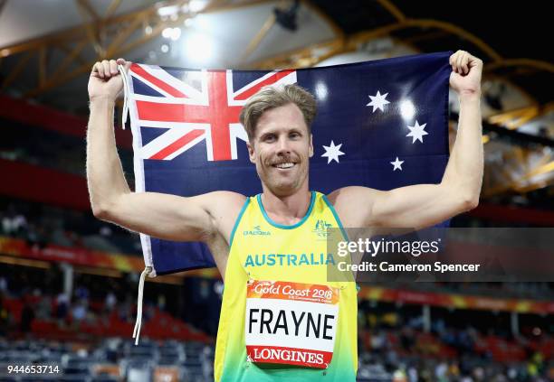 Silver medalist Henry Frayne of Australia celebrates after the Men's Long Jump final during athletics on day seven of the Gold Coast 2018...