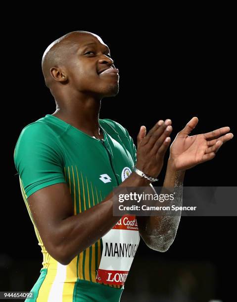 Luvo Manyonga of South Africa celebrates winning gold in the Men's Long Jump final during athletics on day seven of the Gold Coast 2018 Commonwealth...