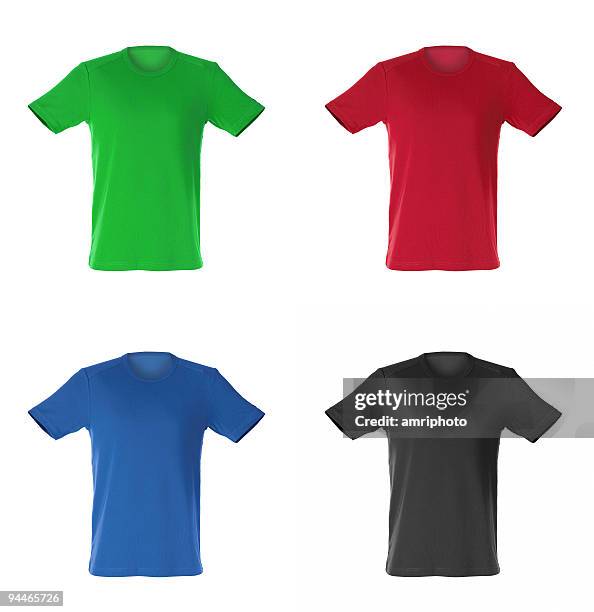 four isolated t-shirts - t shirt stockfoto's en -beelden