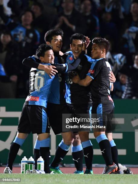 Kei Chinen of Kawasaki Frontale celebrates the first goal during the J.League J1 match between Kawasaki Frontale and Cerezo Osaka at Todoroki Stadium...