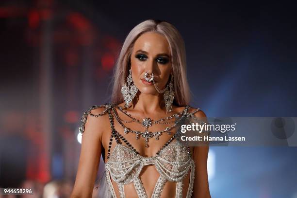 Imogen Anthony showcases designs by Sarah Joseph Couture during the Jurassic World: Fallen Kingdom Runway Show on April 11, 2018 in Sydney, Australia.