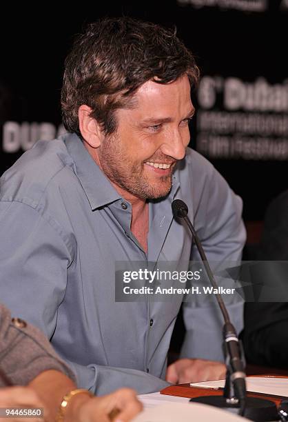 Actor Gerard Butler attends a press conference during day seven of the 6th Annual Dubai International Film Festival held at the Madinat Jumeriah...