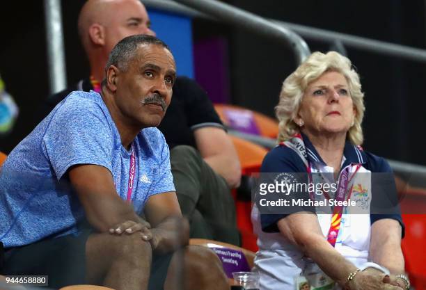 Former decathlete Daley Thompson looks on from the stands during athletics on day seven of the Gold Coast 2018 Commonwealth Games at Carrara Stadium...