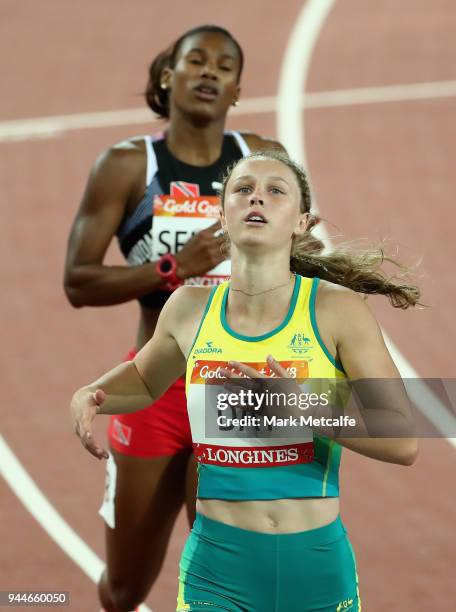 Riley Day of Australia looks on after she competes in the Women's 200 metres semi finals during athletics on day seven of the Gold Coast 2018...