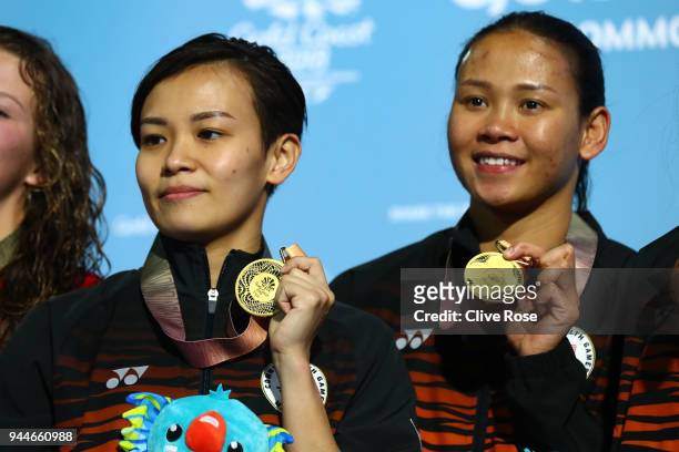 Gold medalists Jun Hoong Cheong and Pandelela Rinong Pamg of Malaysia pose during the medal ceremony for the Women's Synchronised 10m Platform Diving...