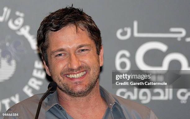 Actor Gerard Butler attends a press conference during day seven of the 6th Annual Dubai International Film Festival held at the Madinat Jumeriah...