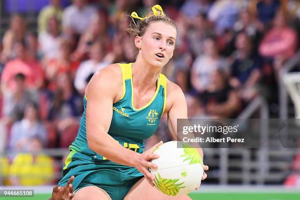 Gabi Simpson of Australia competes during the Netball match between Australia and Jamaica on day seven of the Gold Coast 2018 Commonwealth Games at...