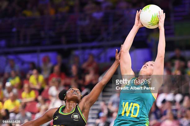 Gabi Simpson of Australia competes during the Netball match between Australia and Jamaica on day seven of the Gold Coast 2018 Commonwealth Games at...