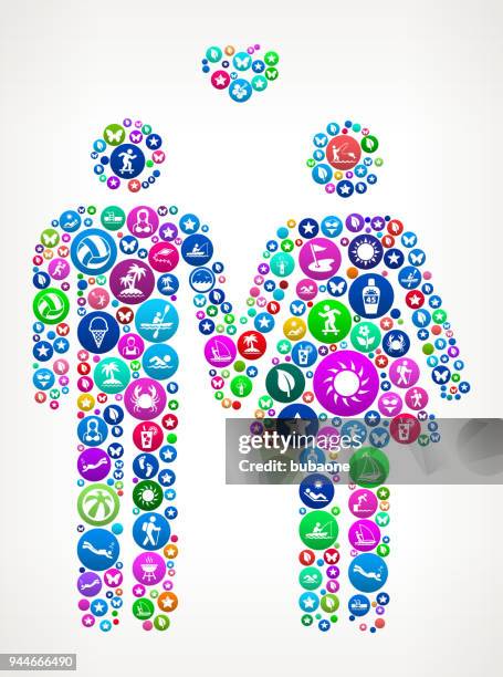 couple summer colorful vector icon pattern - couple sunbathing stock illustrations