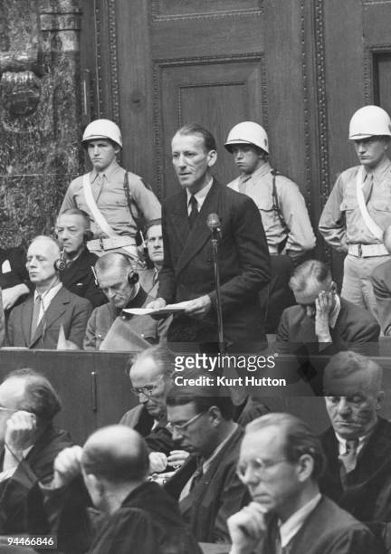 Austrian SS chief Ernst Kaltenbrunner addresses the court during his trial for war crimes at Nuremberg, 1946. He was found guilty and executed on...