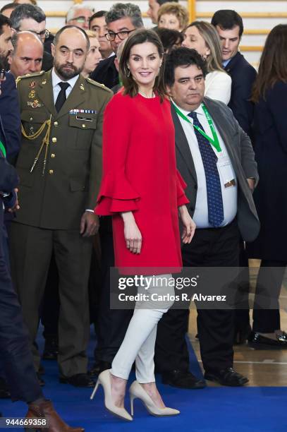 Queen Letizia of Spain attends the ÔV Campeonatos Autonomicos de Formation Profesional AndaluciaskillsÕ at El Carmen University on April 11, 2018 in...