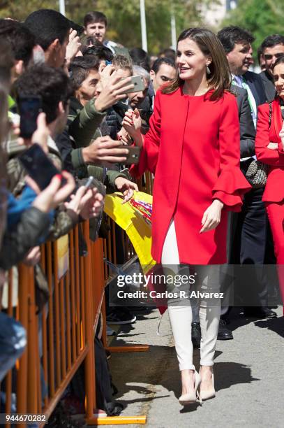 Queen Letizia of Spain attends the ÔV Campeonatos Autonomicos de Formation Profesional AndaluciaskillsÕ at El Carmen University on April 11, 2018 in...