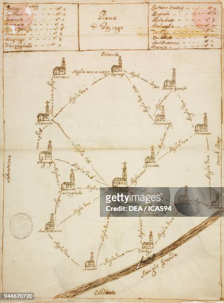 Parish of Dairago, later of Castano Primo , with the Naviglio Grande symbolic planimetry, pen drawing, Italy, 18th century.
