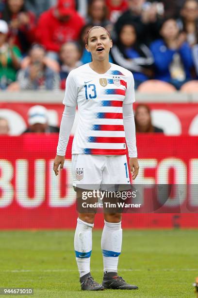 Alex Morgan of United States reacts after missing a shot in the second half against the Mexico at BBVA Compass Stadium on April 8, 2018 in Houston,...