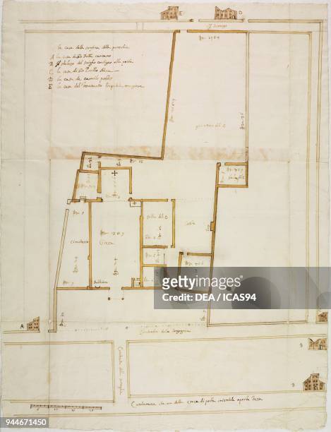 Plan of the church of Saint Stephen, Milan, on the occasion of the pastoral visit of Cardinal Federico Borromeo, ink drawing coloured with diluted...