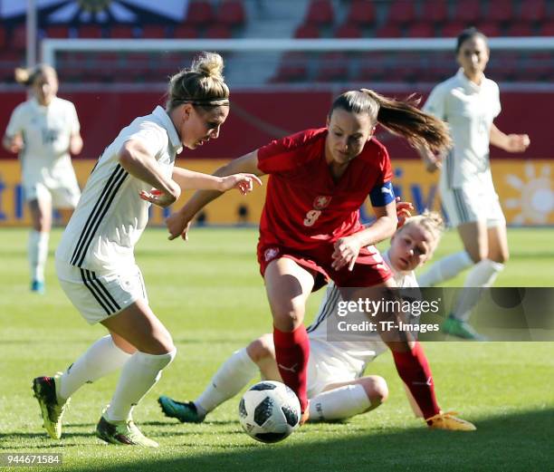 Svenja Huth of Germany and Lucie Vonkova of Czech Republic and Leonie Maier of Germany battle for the ball during the 2019 FIFA Womens World...