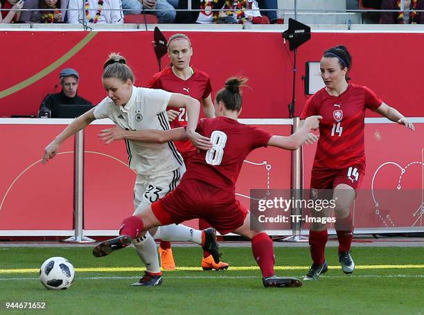 Lena Petermann of Germany and Jana Sedlackova of Czech Republic and Petra Vystejnova of Czech Republic battle for the ball during the 2019 FIFA...