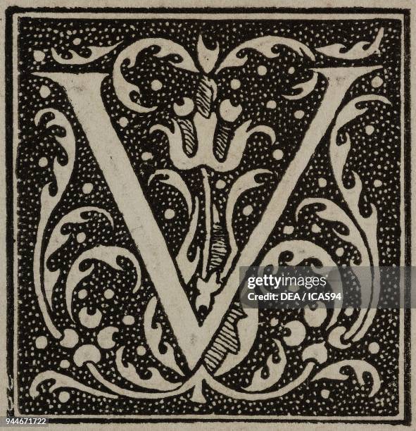 An ornate capital letter from Comedies de Terence, printed by Jean de Roigny engraving from L'Art pour Tous, Encyclopedie de l'art industriel et...