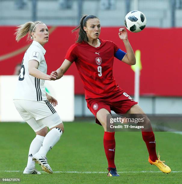 Kristin Demann of Germany and Lucie Vonkova of Czech Republic battle for the ball during the 2019 FIFA Womens World Championship Qualifier match...