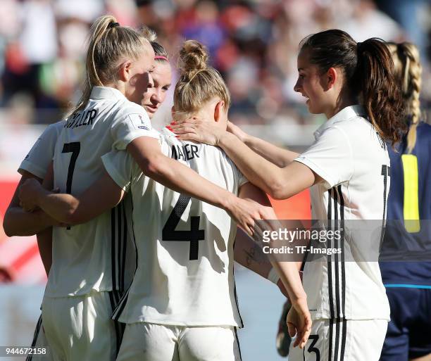 Lea Schueller of Germany celebrates after scoring his team`s second goal with team mates during the 2019 FIFA Womens World Championship Qualifier...