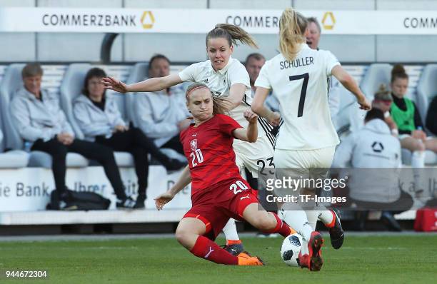 Pavlina Nepokojova of Czech Republic and Lena Petermann of Germany and Lea Schueller of Germany battle for the ball during the 2019 FIFA Womens World...