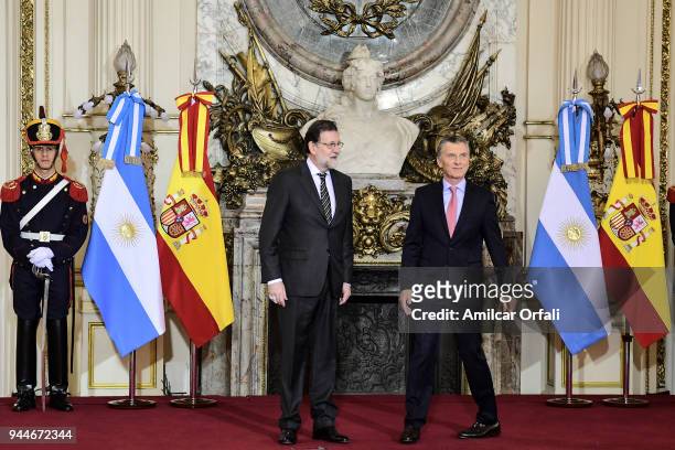 President of Argentina Mauricio Macri welcomes Prime Minister of Spain Mariano Rajoy during the first day of the official visit of the president of...