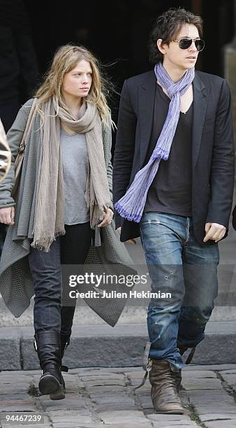 French singer Raphael and actress Melanie Thierry leave the Saint-Germain-des-Pres church after a funeral mass for French singer and composer Alain...
