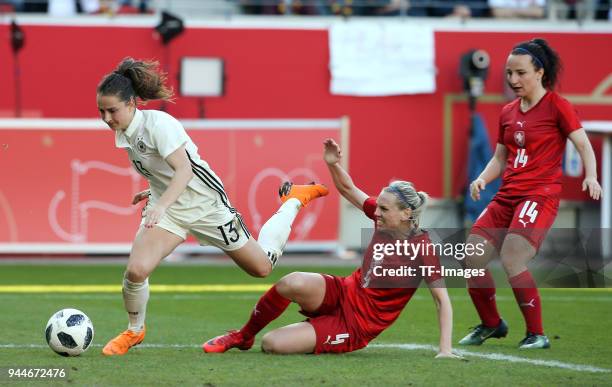 Sara Daebritz of Germany and Petra Bertholdova of Czech Republic and Petra Vystejnova of Czech Republic battle for the ball during the 2019 FIFA...